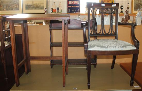 Mahogany elbow chair, childs school desk & wall shelf (-)